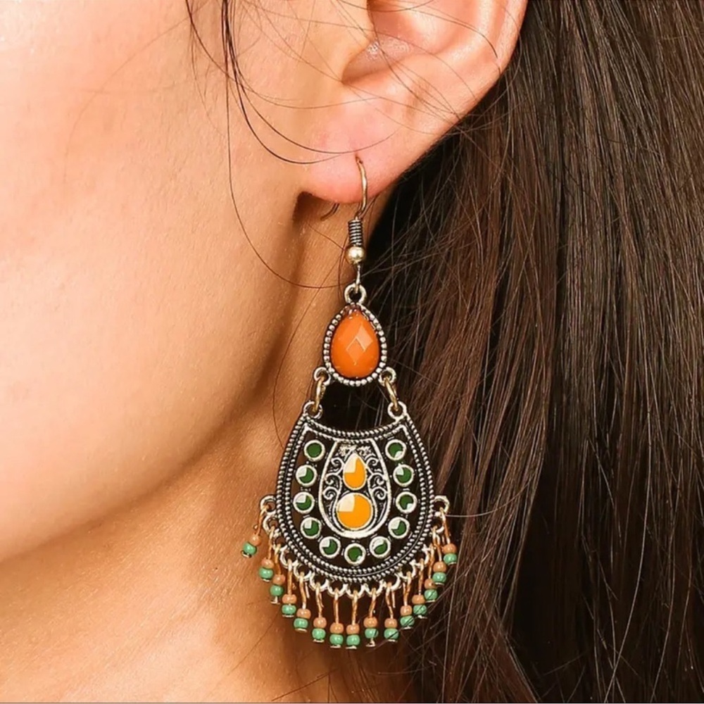 Bohemian Tassels and Beads Drop Orange and Green Statement Earrings NWT New